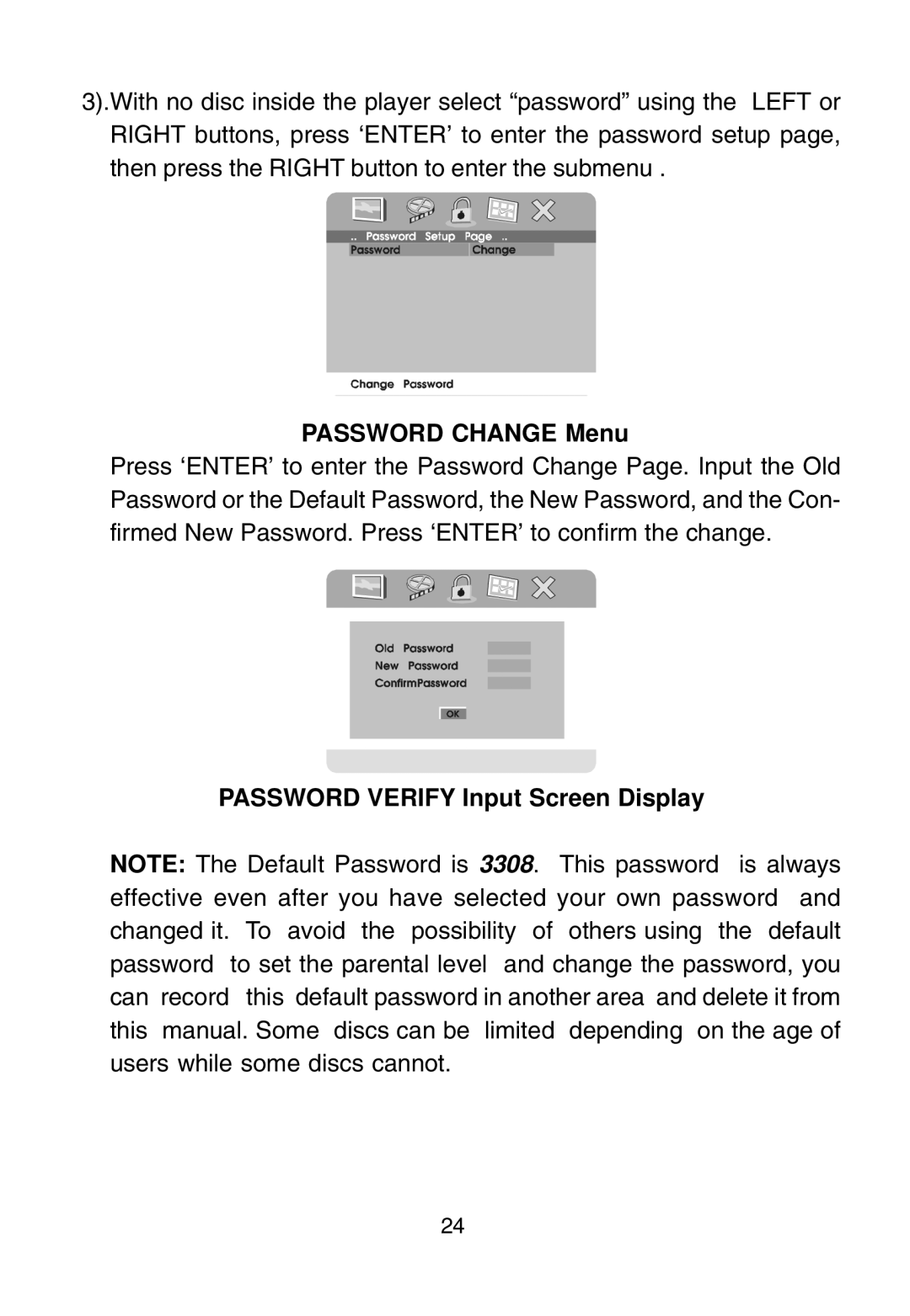 Audiovox D1915 manual Password Change Menu, Password Verify Input Screen Display 