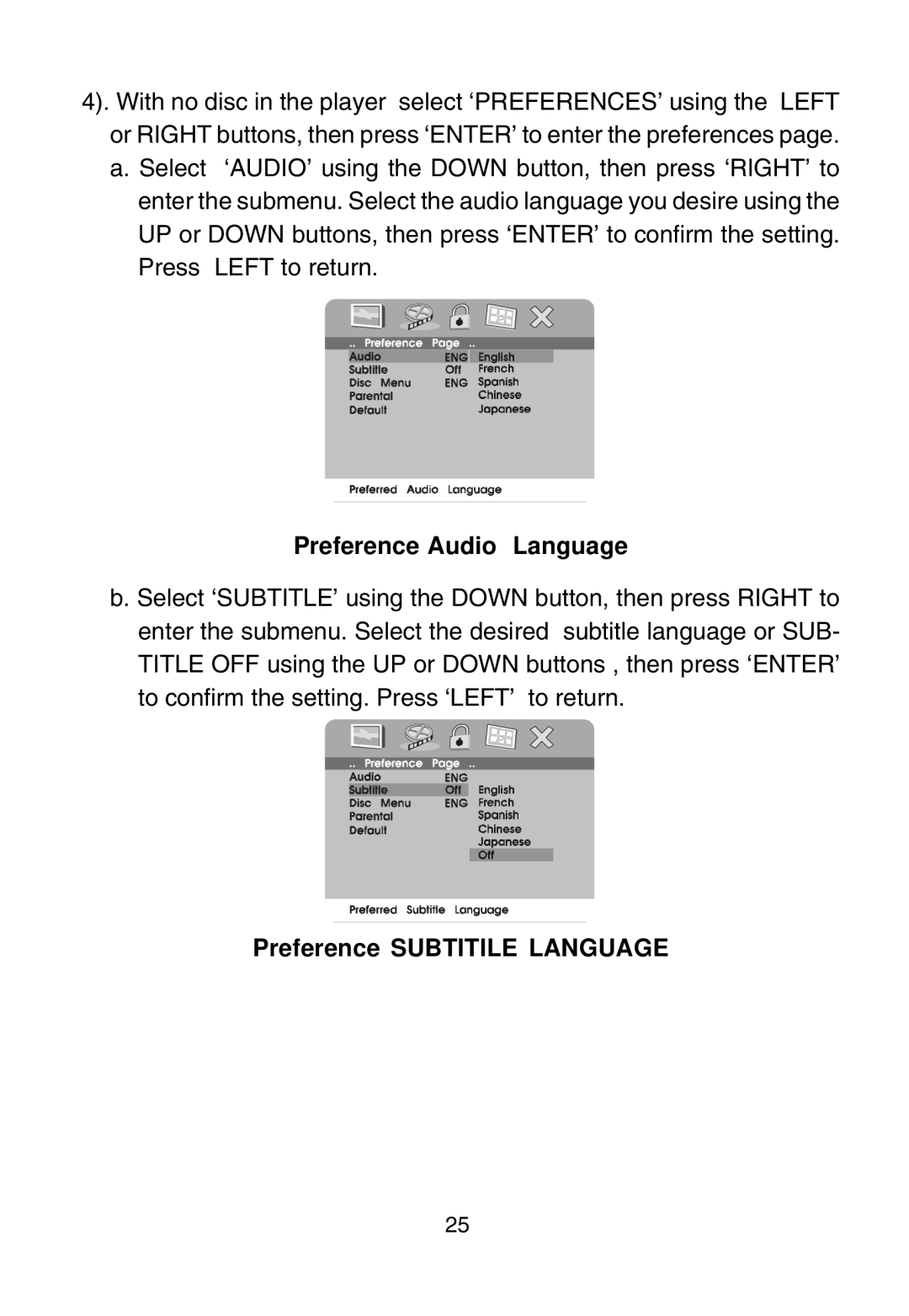 Audiovox D1915 manual Preference Audio Language, Preference Subtitile Language 