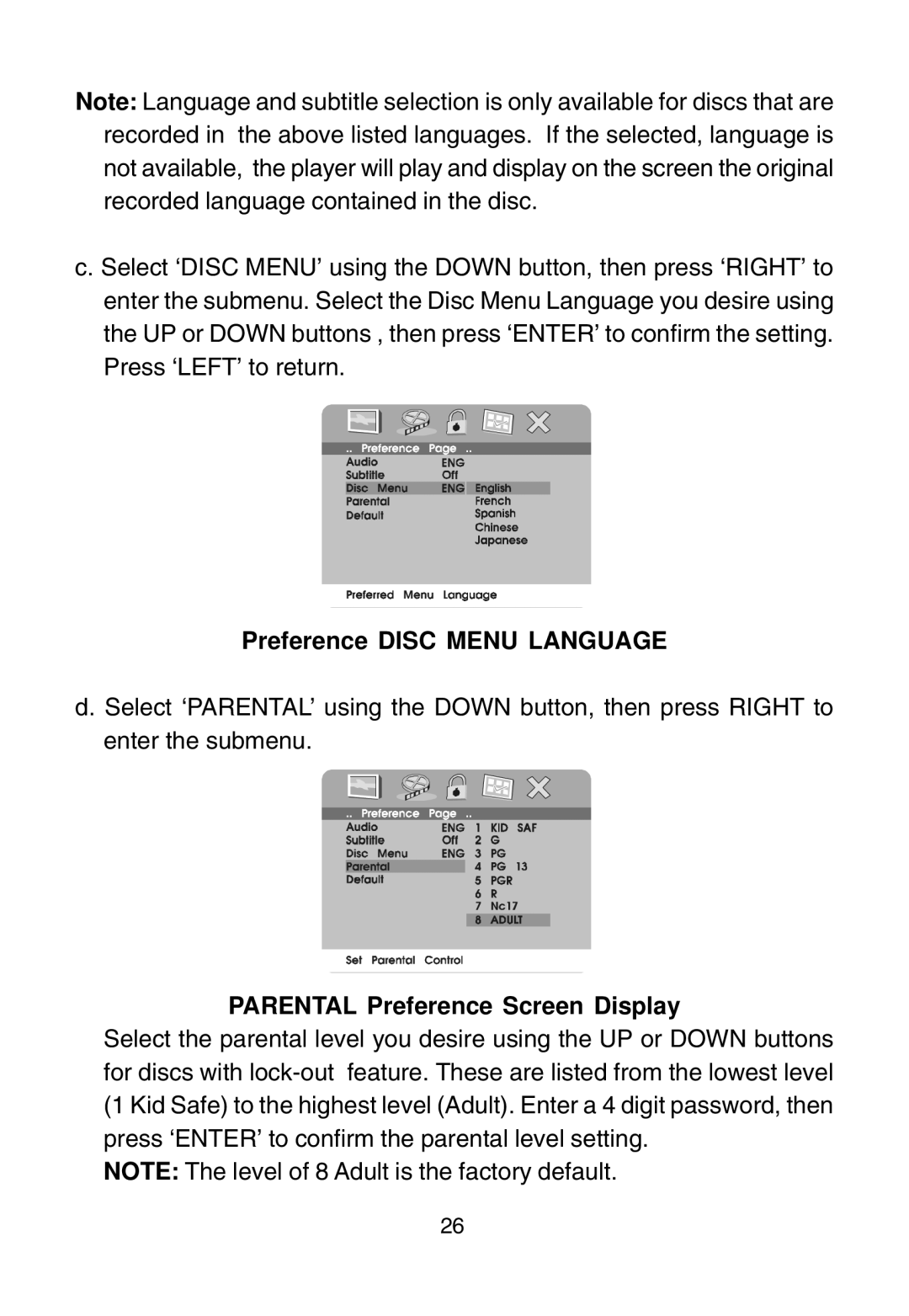 Audiovox D1915 manual Preference Disc Menu Language, Parental Preference Screen Display 