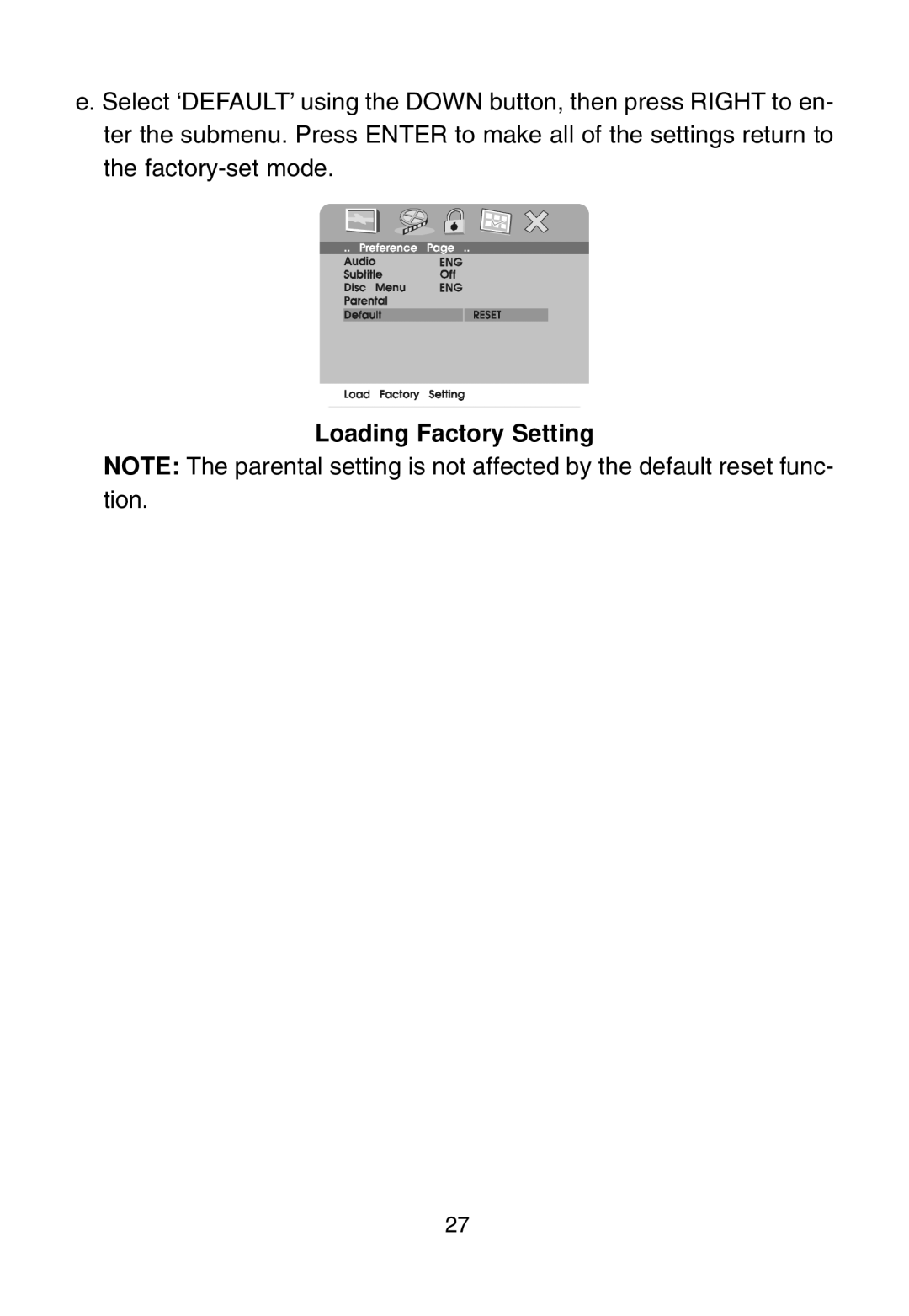 Audiovox D1915 manual Loading Factory Setting 