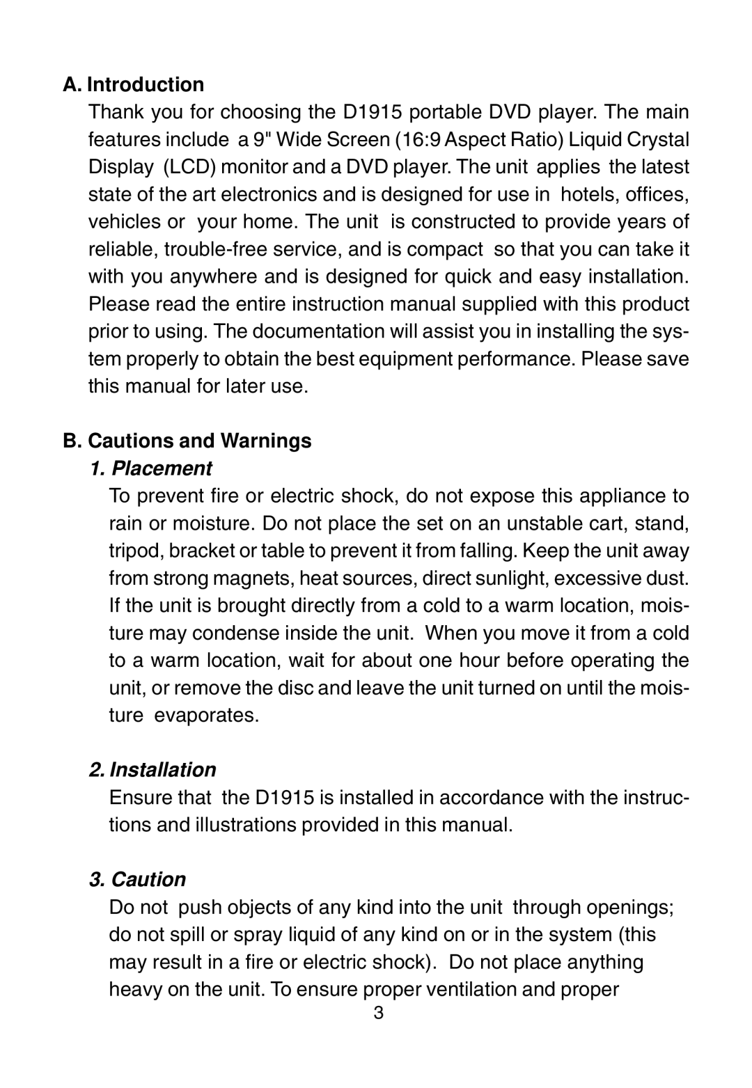 Audiovox D1915 manual Introduction, Placement 