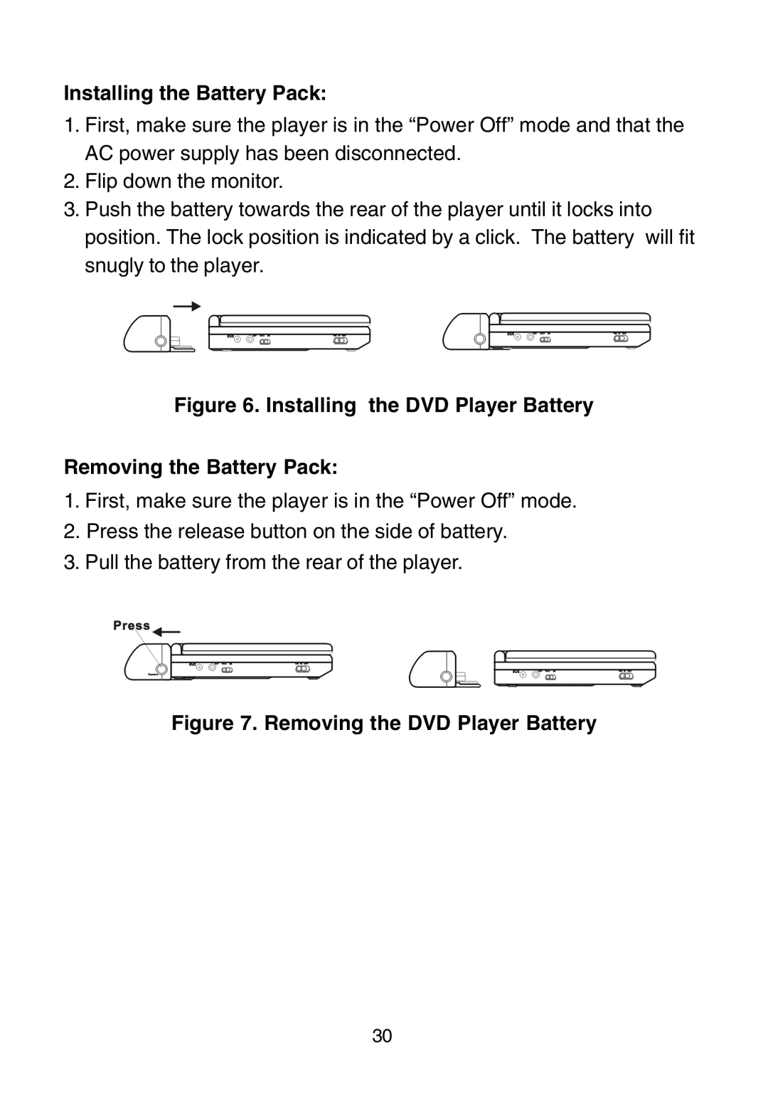 Audiovox D1915 manual Installing the Battery Pack, Installing the DVD Player Battery Removing the Battery Pack 