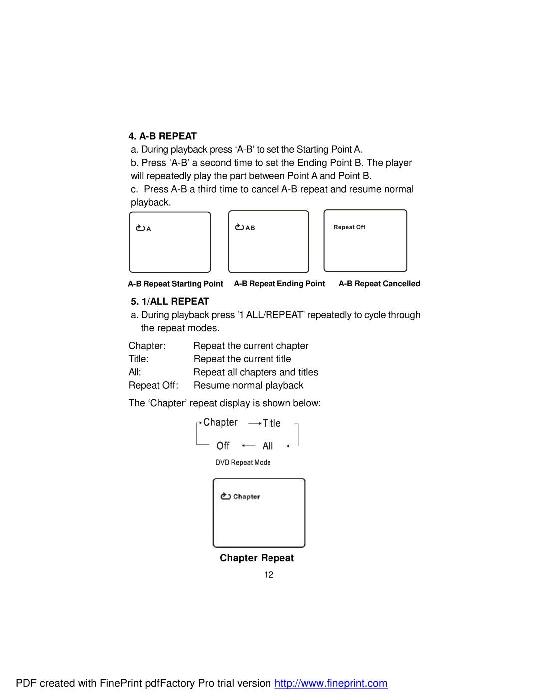 Audiovox D1917 manual B Repeat, ALL Repeat, Chapter Repeat 