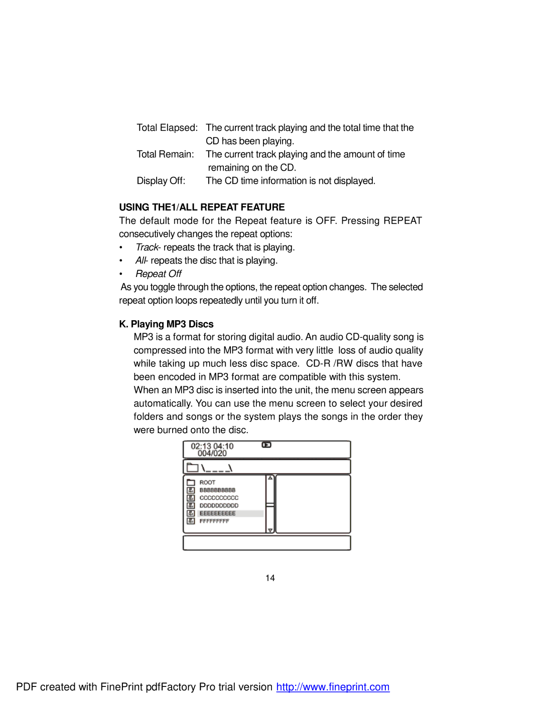 Audiovox D1917 manual Using THE1/ALL Repeat Feature, Playing MP3 Discs 