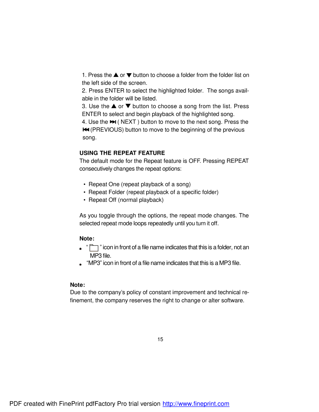 Audiovox D1917 manual Using the Repeat Feature 