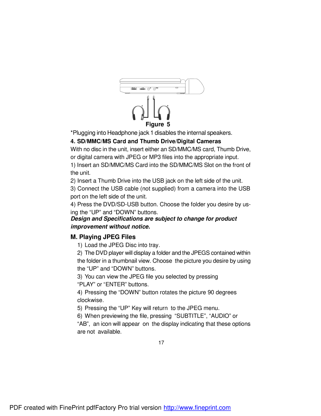 Audiovox D1917 manual Playing Jpeg Files, SD/MMC/MS Card and Thumb Drive/Digital Cameras 