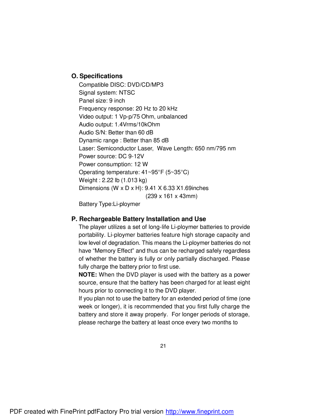 Audiovox D1917 manual Specifications 