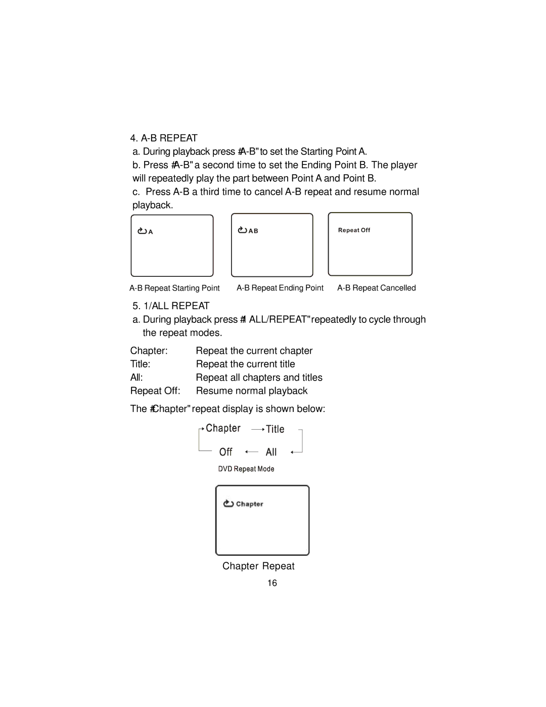 Audiovox D1917ES manual B Repeat, ALL Repeat, Chapter Repeat 