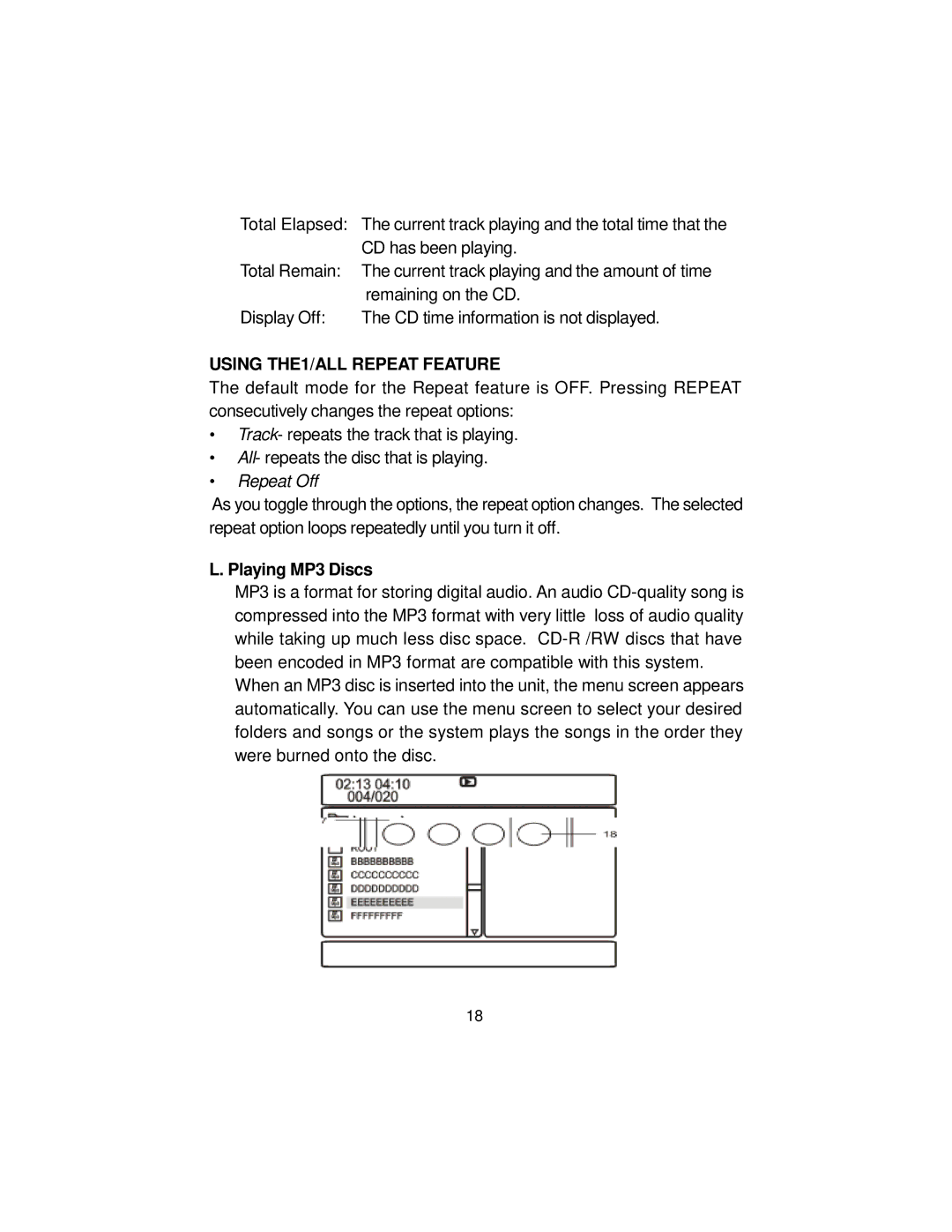 Audiovox D1917ES manual Using THE1/ALL Repeat Feature, Playing MP3 Discs 