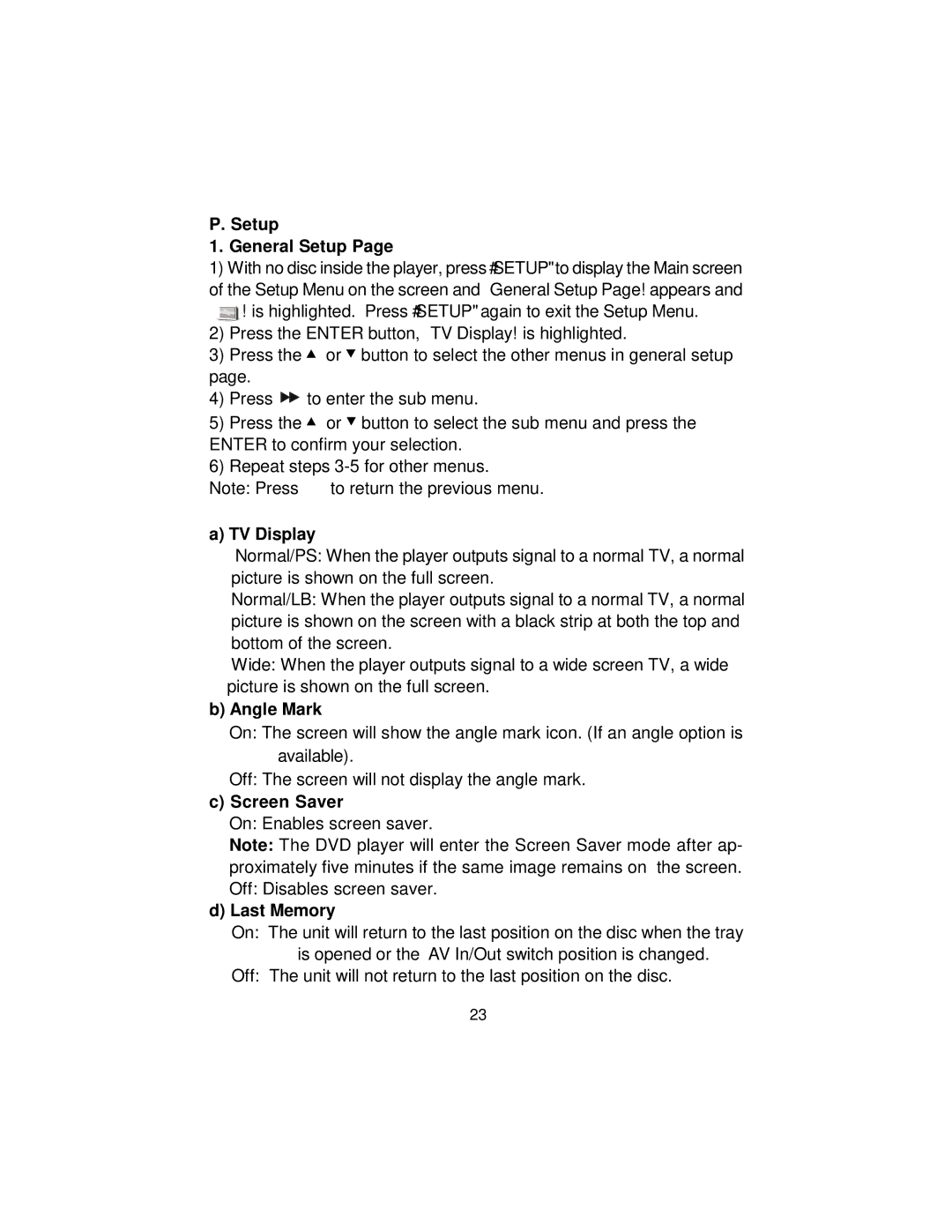 Audiovox D1917ES manual Setup General Setup, TV Display, Angle Mark, Screen Saver, Last Memory 