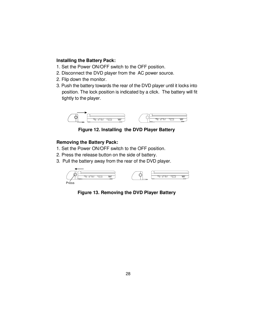 Audiovox D1917ES manual Installing the Battery Pack, Installing the DVD Player Battery Removing the Battery Pack 