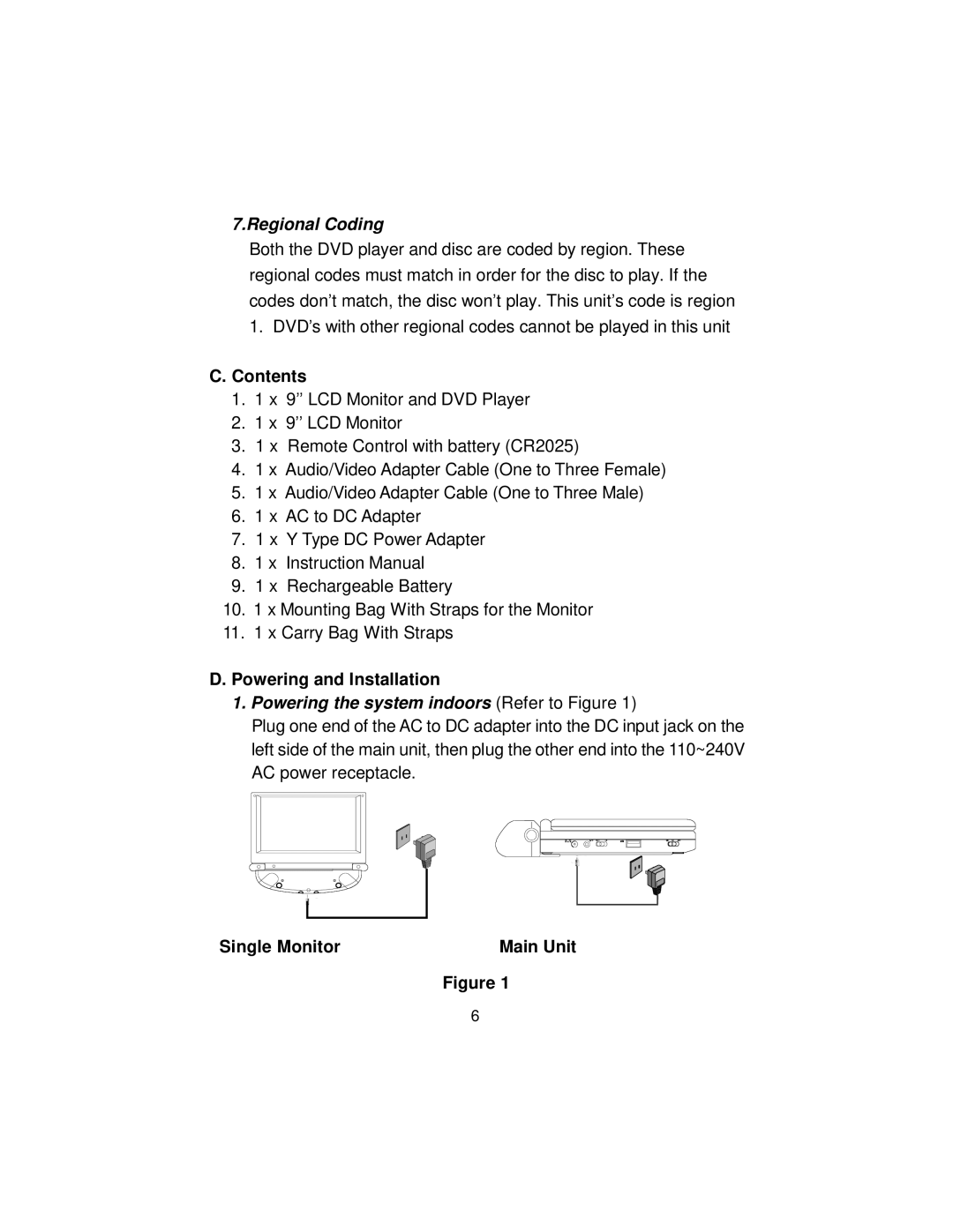 Audiovox D1917ES manual Contents, Powering and Installation, Single Monitor Main Unit 