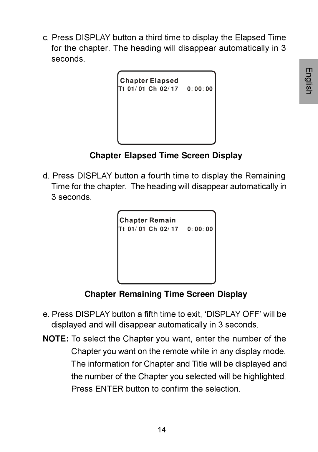 Audiovox D1929B manual Chapter Elapsed Time Screen Display, Chapter Remaining Time Screen Display 