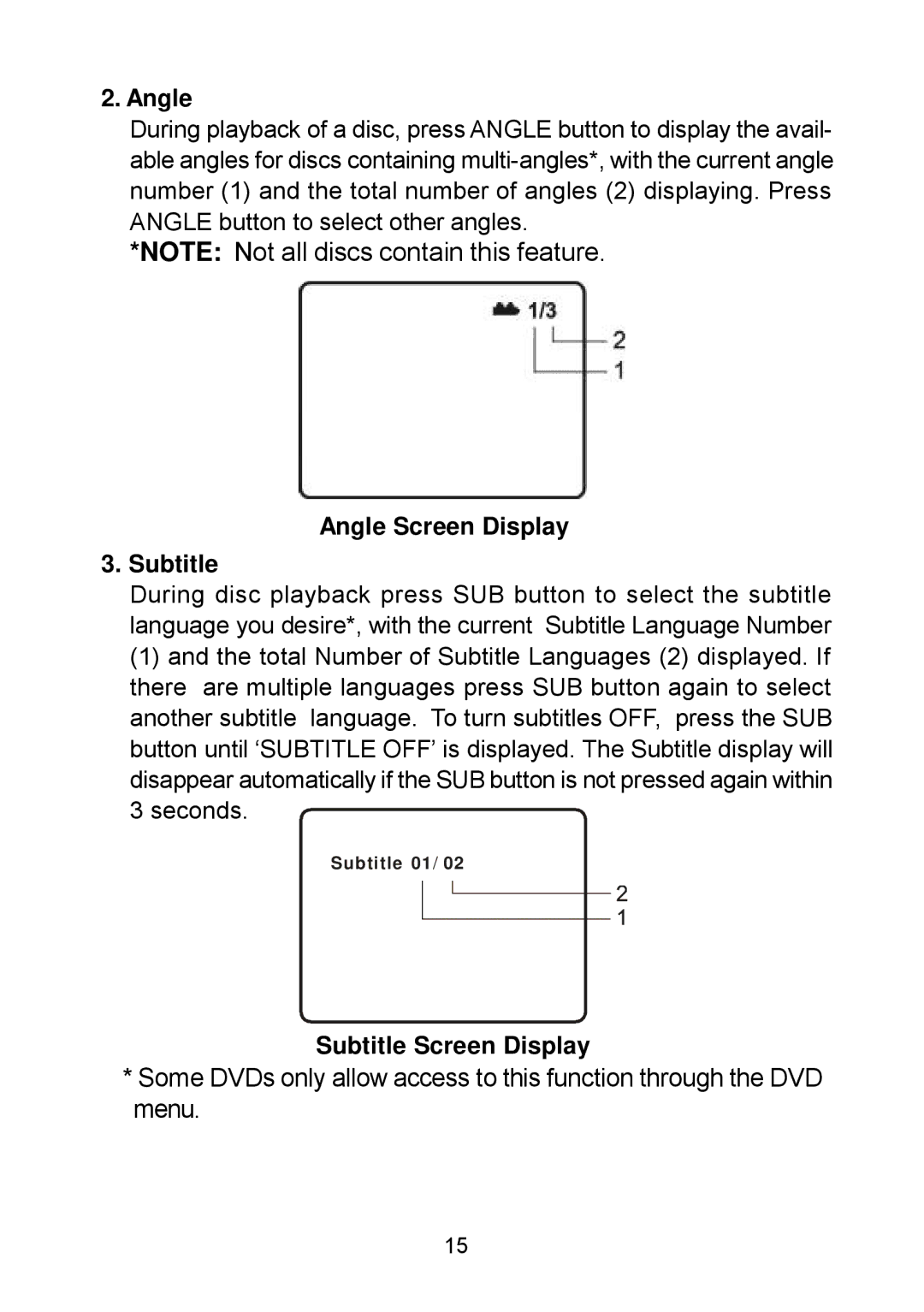 Audiovox D1929B manual Angle Screen Display Subtitle, Subtitle Screen Display 