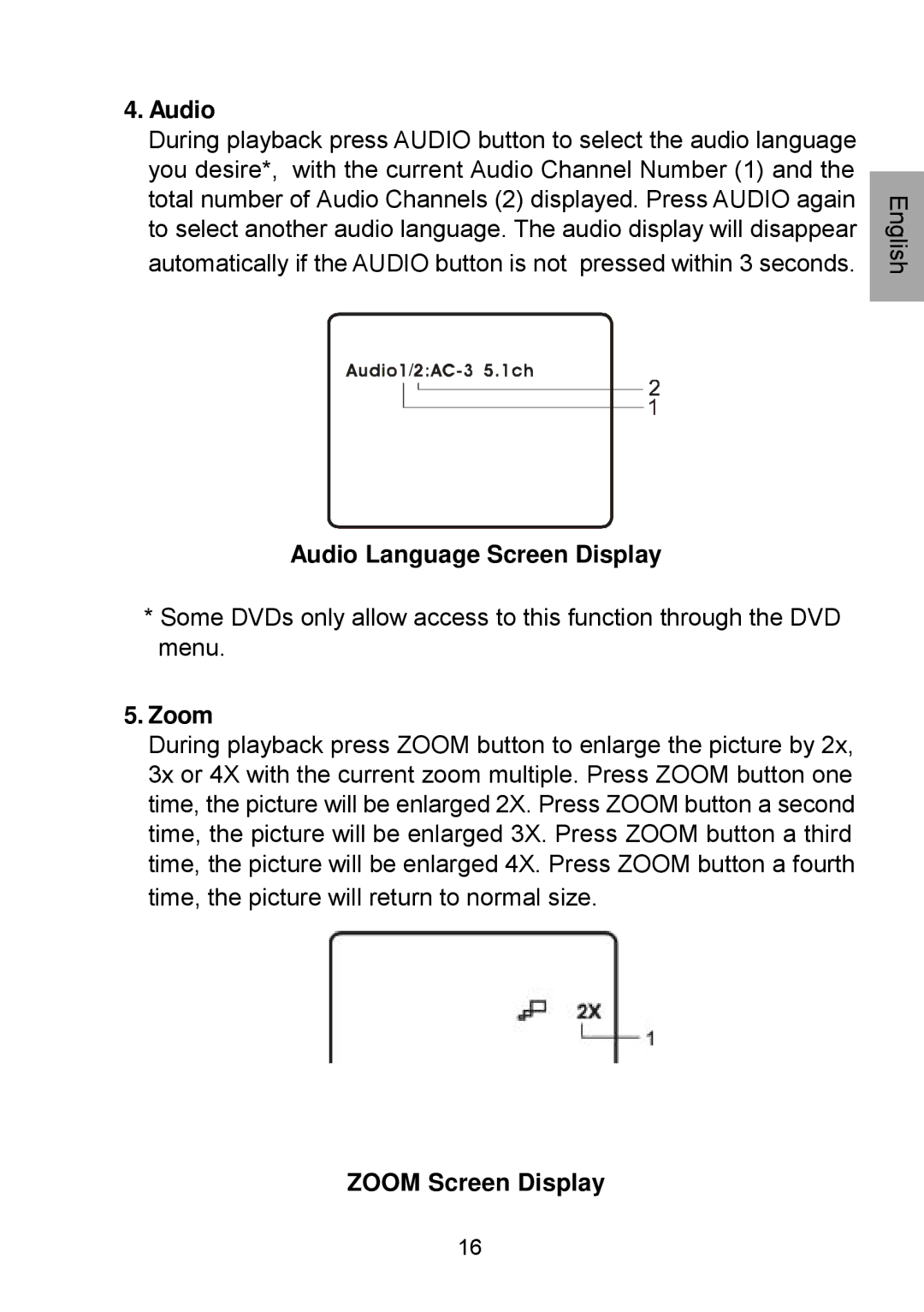 Audiovox D1929B manual Audio Language Screen Display, Zoom Screen Display 