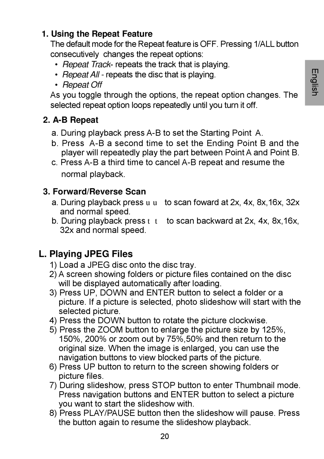 Audiovox D1929B manual Playing Jpeg Files, Using the Repeat Feature 