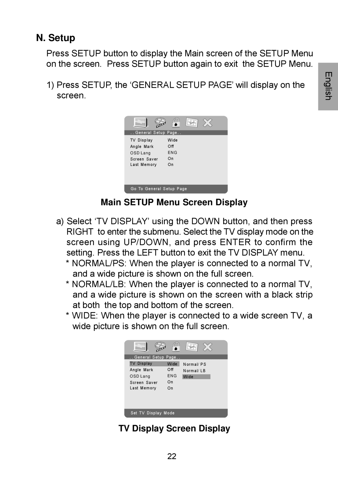 Audiovox D1929B manual Main Setup Menu Screen Display, TV Display Screen Display 