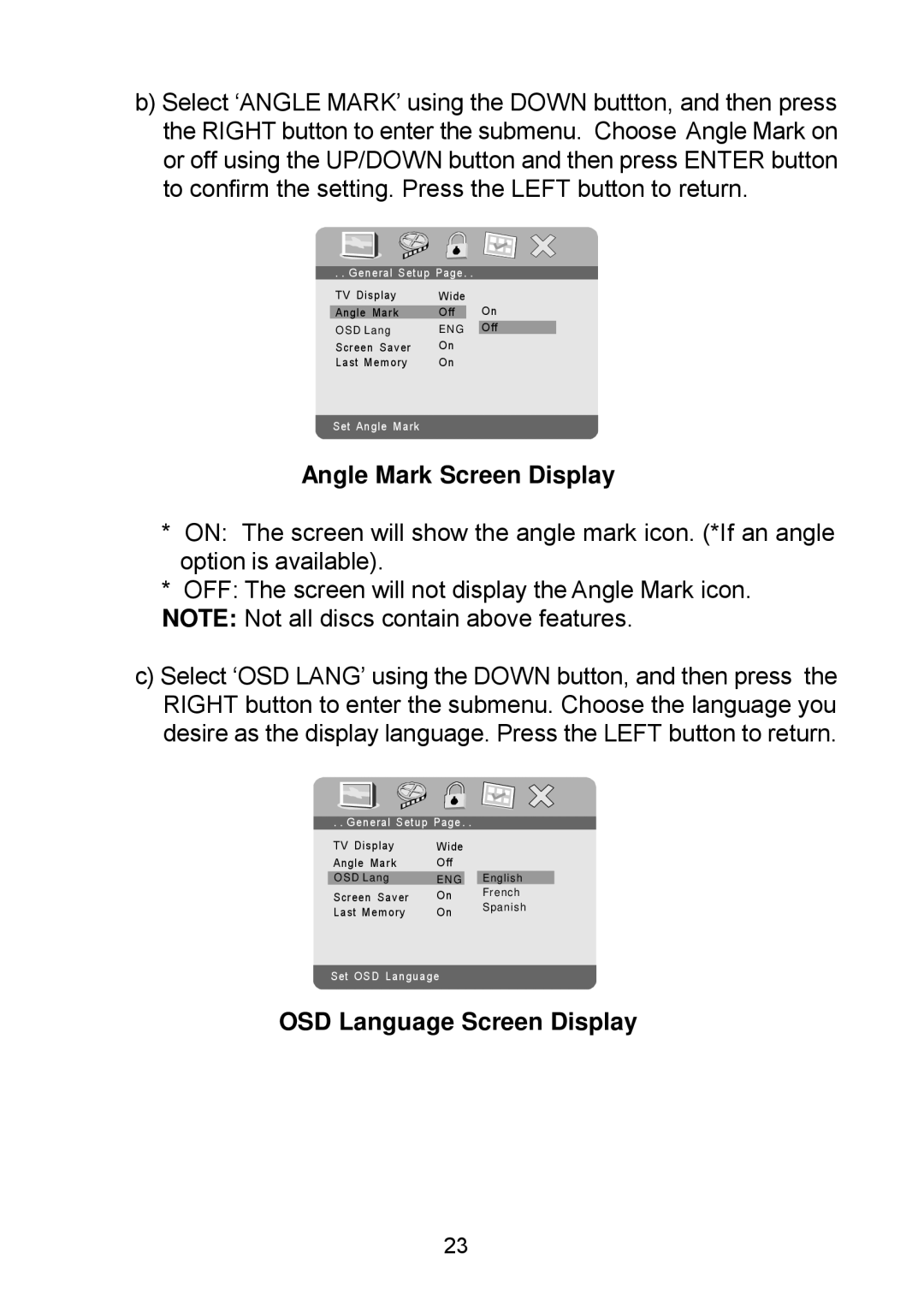 Audiovox D1929B manual Angle Mark Screen Display, OSD Language Screen Display 