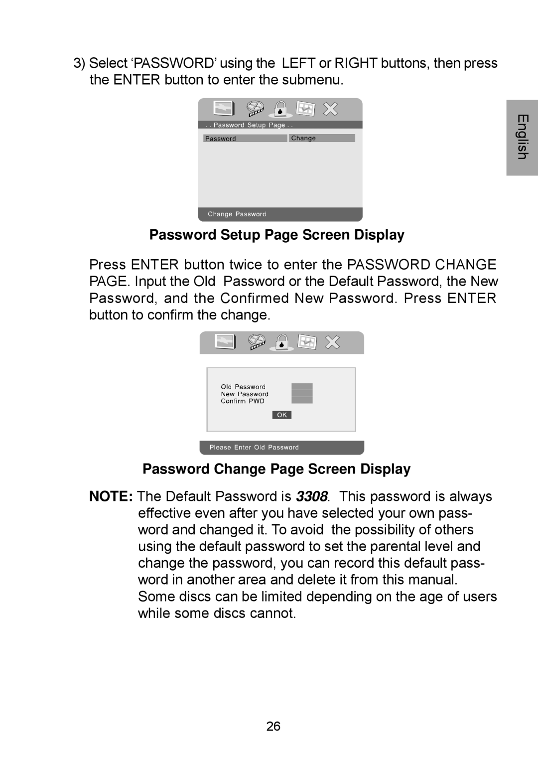 Audiovox D1929B manual Password Setup Page Screen Display, Password Change Page Screen Display 