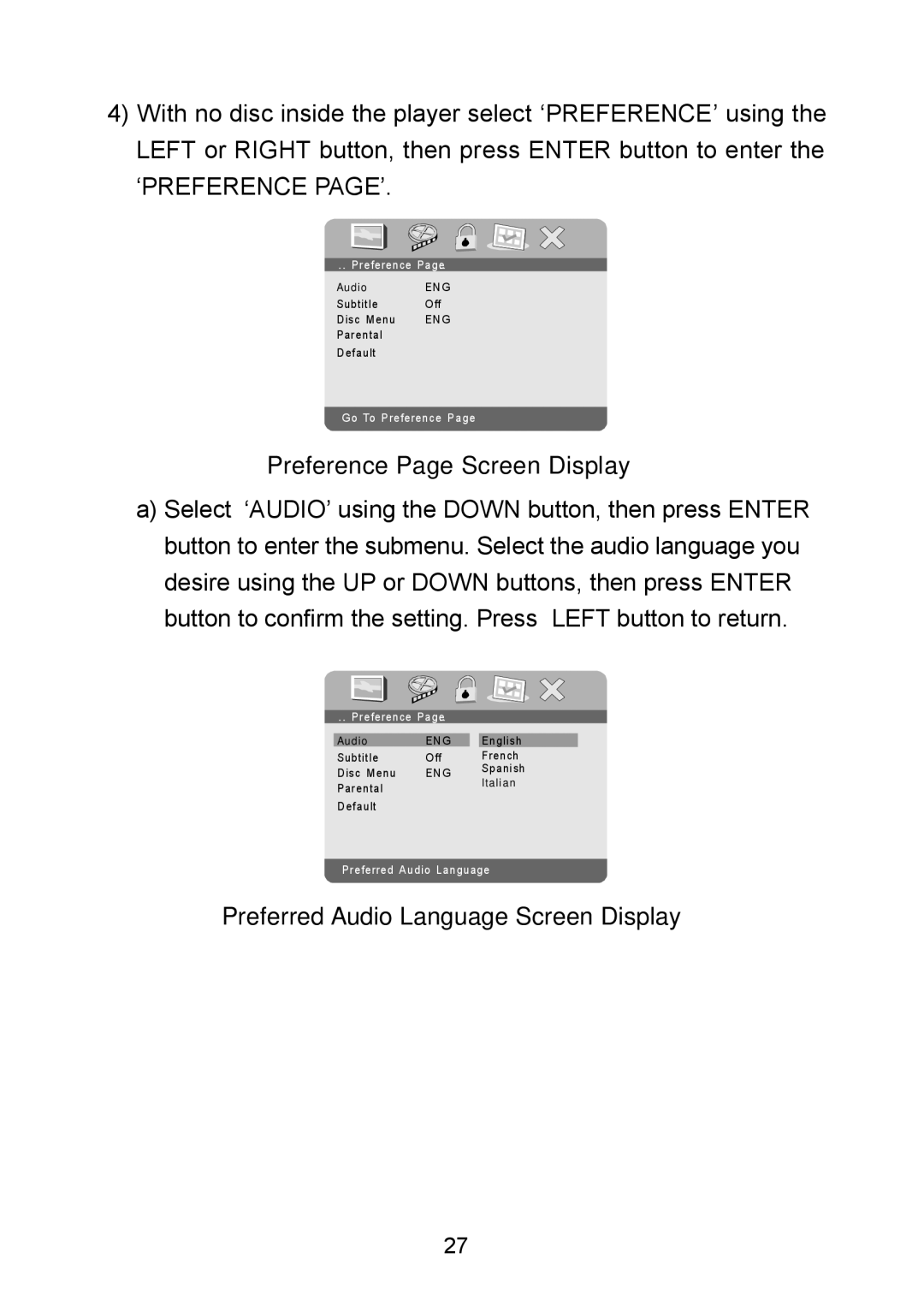 Audiovox D1929B manual Preference Page Screen Display, Preferred Audio Language Screen Display 