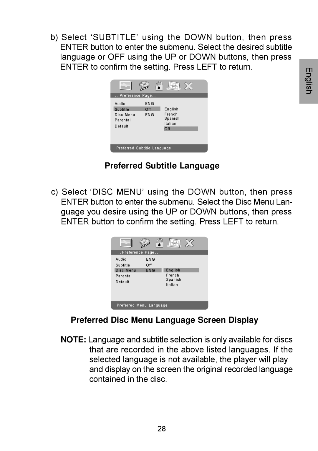 Audiovox D1929B manual Preferred Subtitle Language, Preferred Disc Menu Language Screen Display 