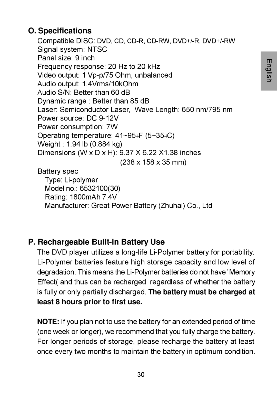 Audiovox D1929B manual Specifications, Rechargeable Built-in Battery Use, Least 8 hours prior to first use 