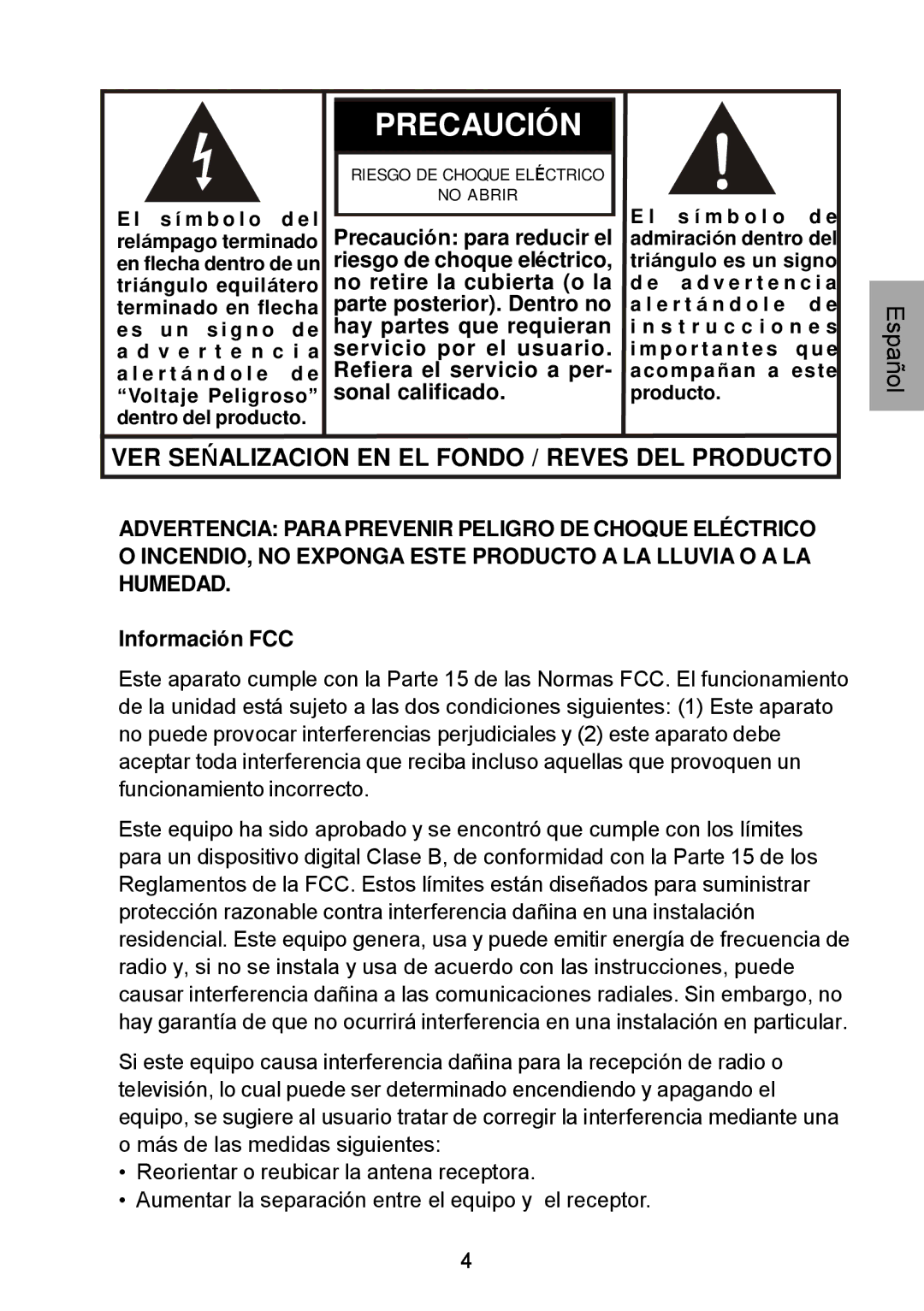 Audiovox D1929B manual Precaución, VER Seńalizacion EN EL Fondo / Reves DEL Producto 