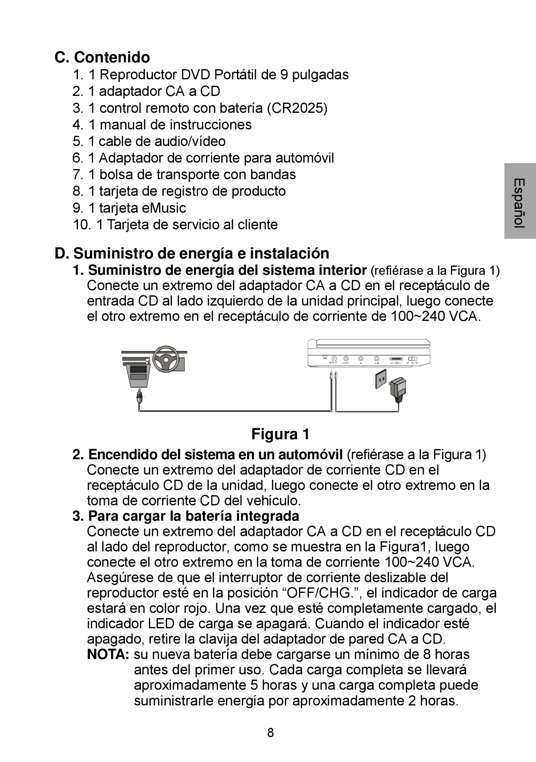 Audiovox D1929B manual Contenido, Suministro de energía e instalación 