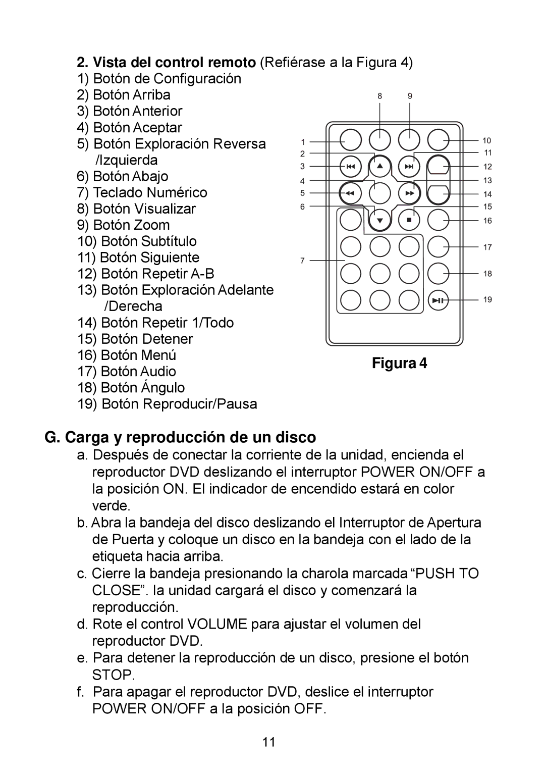 Audiovox D1929B manual Carga y reproducción de un disco, Vista del control remoto Refiérase a la Figura 