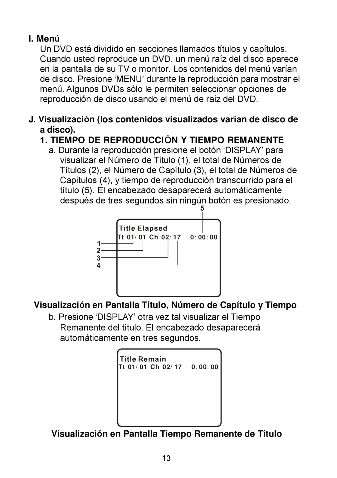 Audiovox D1929B manual Menú, Visualización en Pantalla Tiempo Remanente de Título 