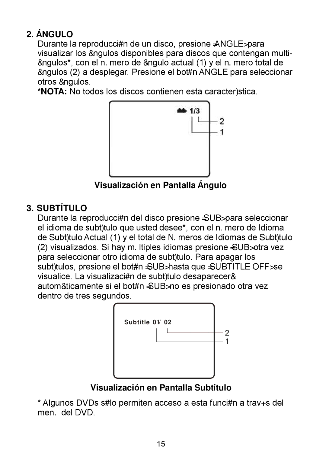 Audiovox D1929B manual Visualización en Pantalla Ángulo, Visualización en Pantalla Subtítulo 