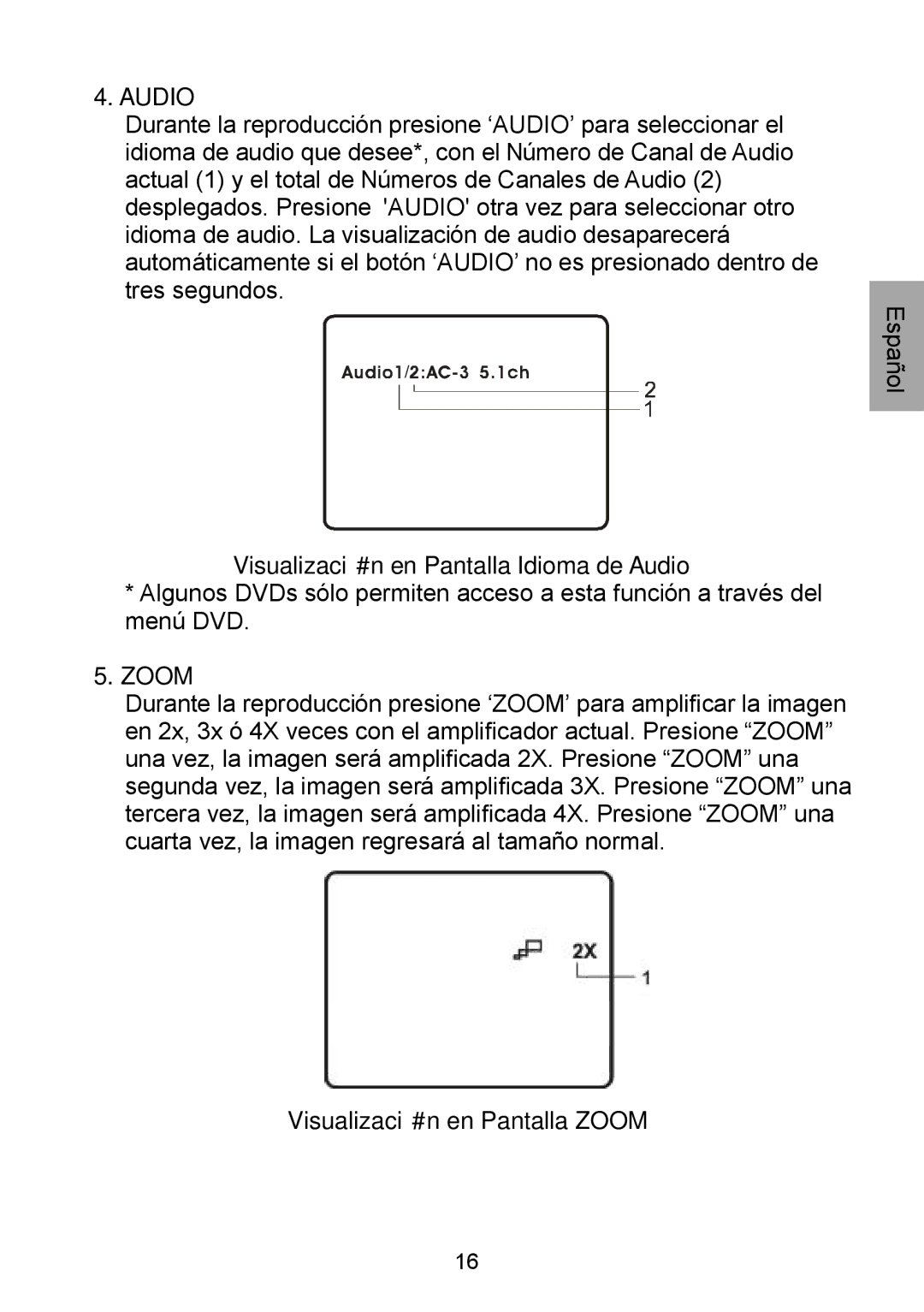 Audiovox D1929B manual Visualización en Pantalla Idioma de Audio, Visualización en Pantalla Zoom 