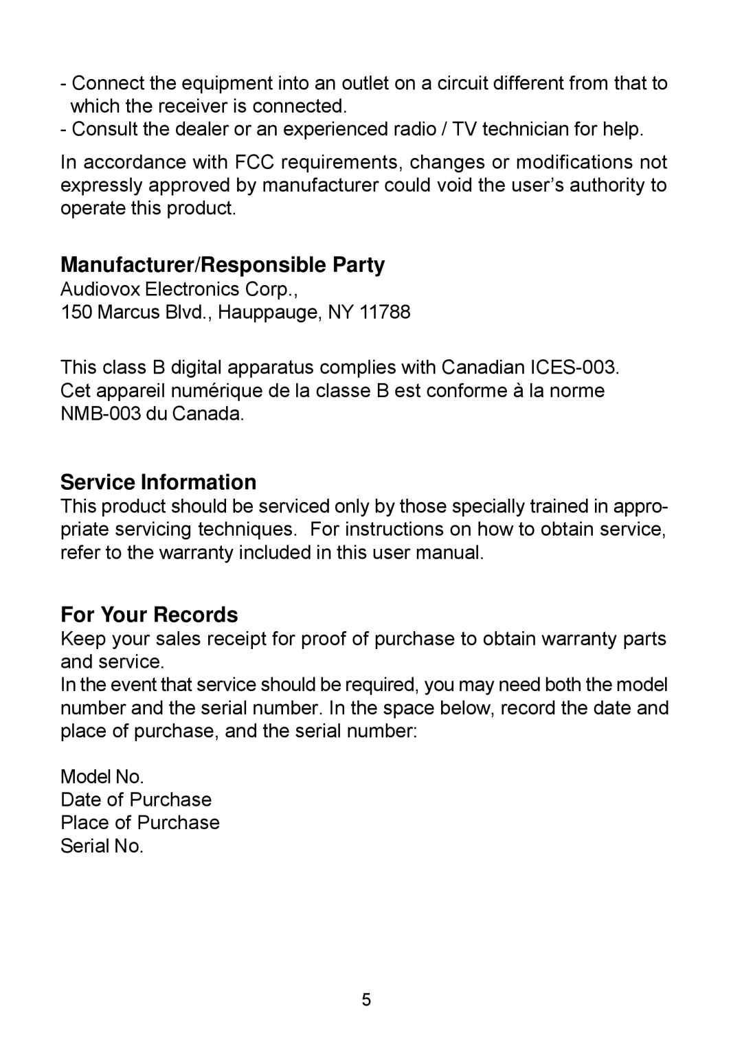 Audiovox D1929B manual Manufacturer/Responsible Party, Service Information For Your Records 