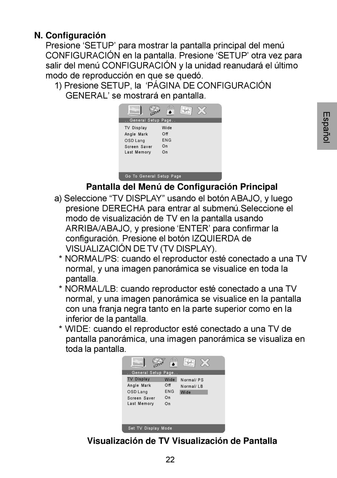 Audiovox D1929B manual Pantalla del Menú de Configuración Principal, Visualización de TV Visualización de Pantalla 