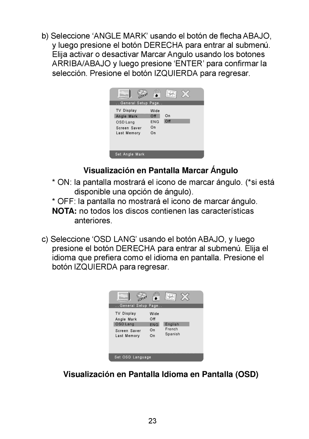 Audiovox D1929B manual Visualización en Pantalla Marcar Ángulo, Visualización en Pantalla Idioma en Pantalla OSD 