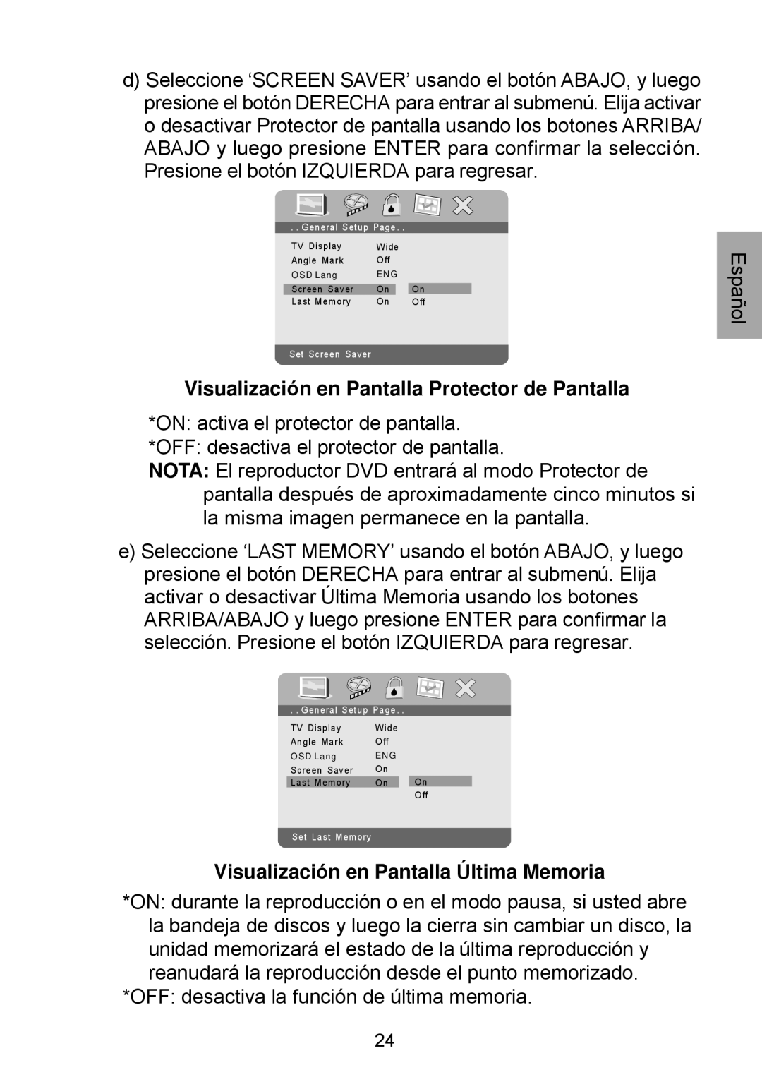 Audiovox D1929B manual Visualización en Pantalla Protector de Pantalla, Visualización en Pantalla Última Memoria 