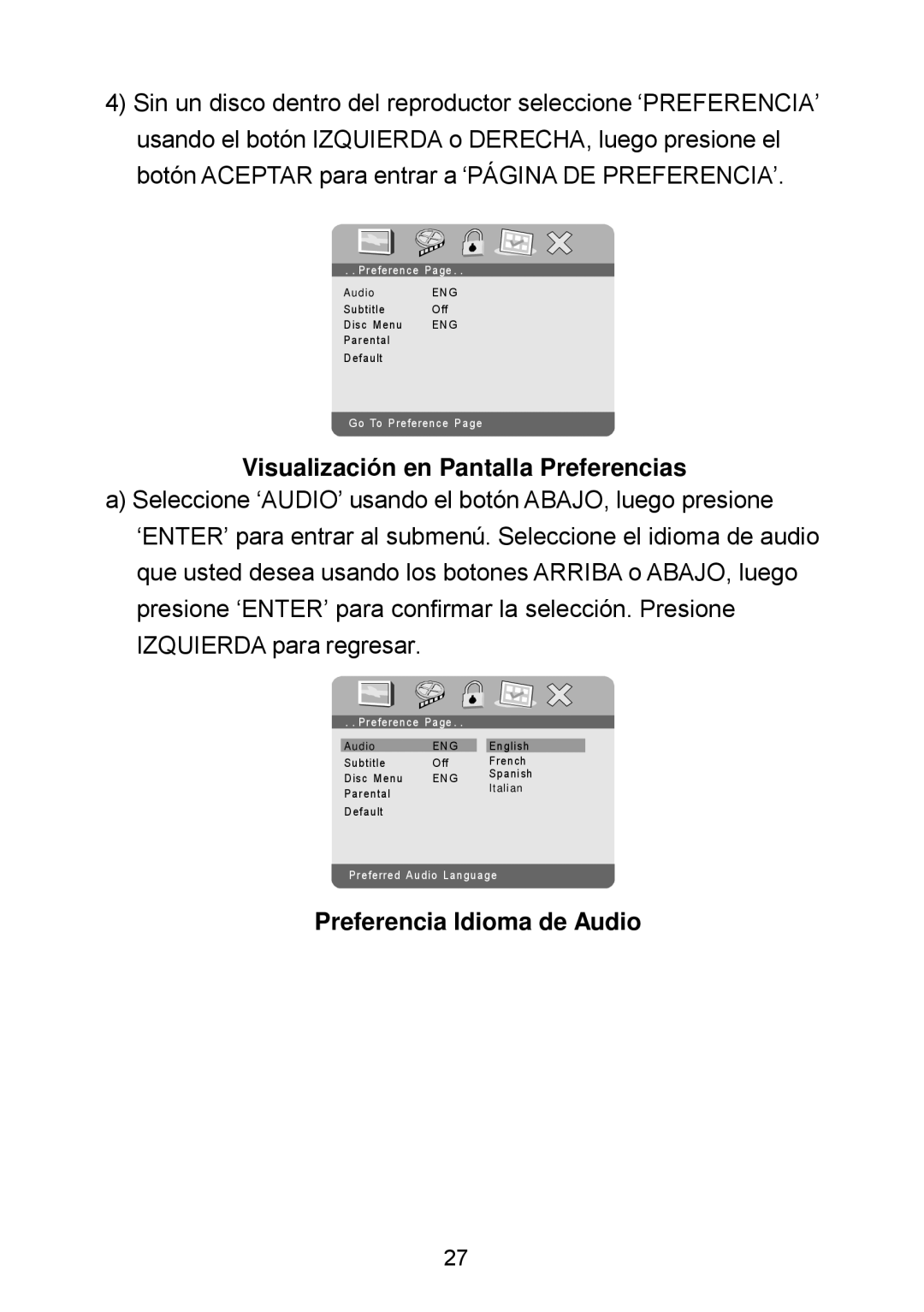 Audiovox D1929B manual Visualización en Pantalla Preferencias, Preferencia Idioma de Audio 