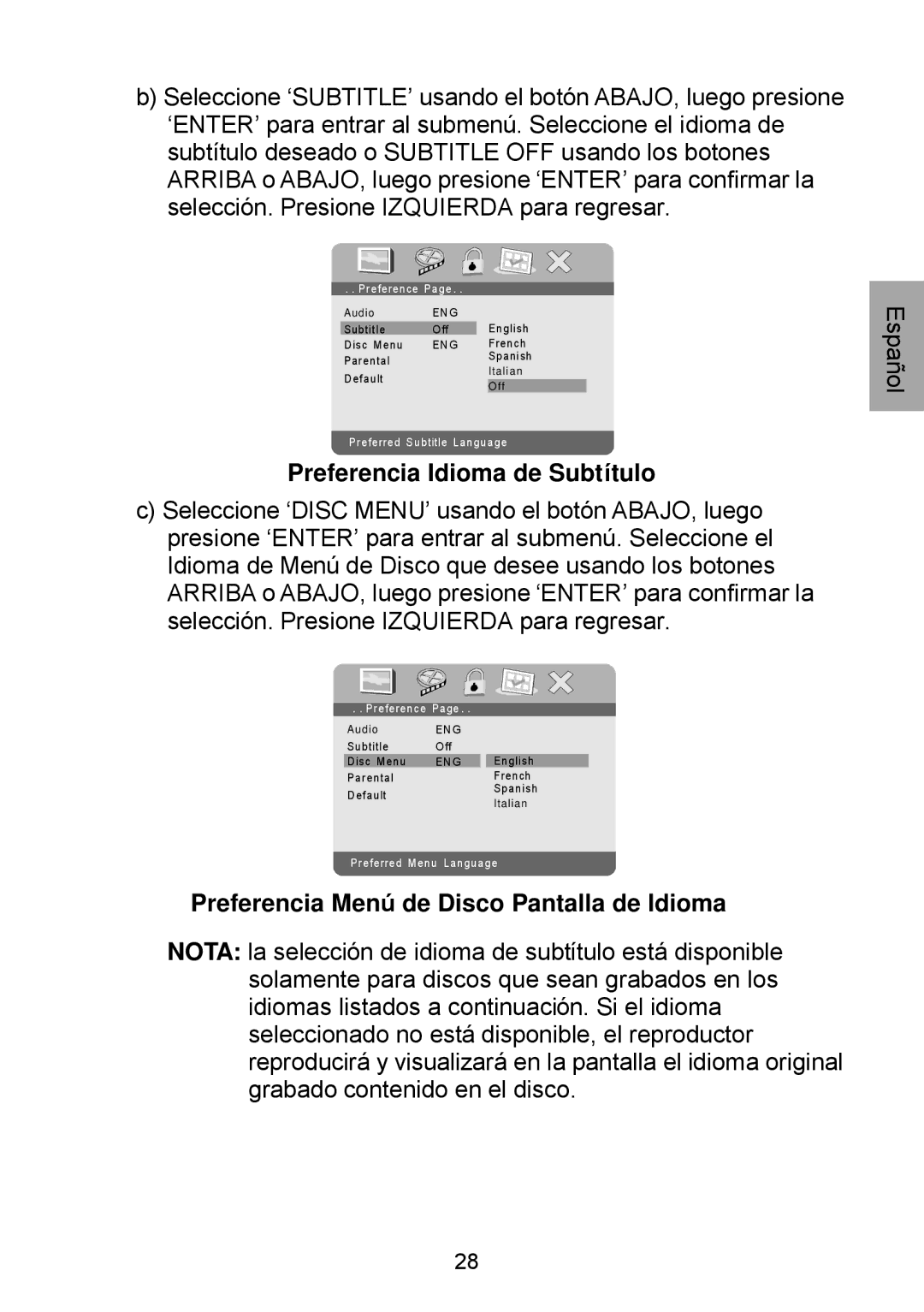 Audiovox D1929B manual Preferencia Idioma de Subtítulo, Preferencia Menú de Disco Pantalla de Idioma 