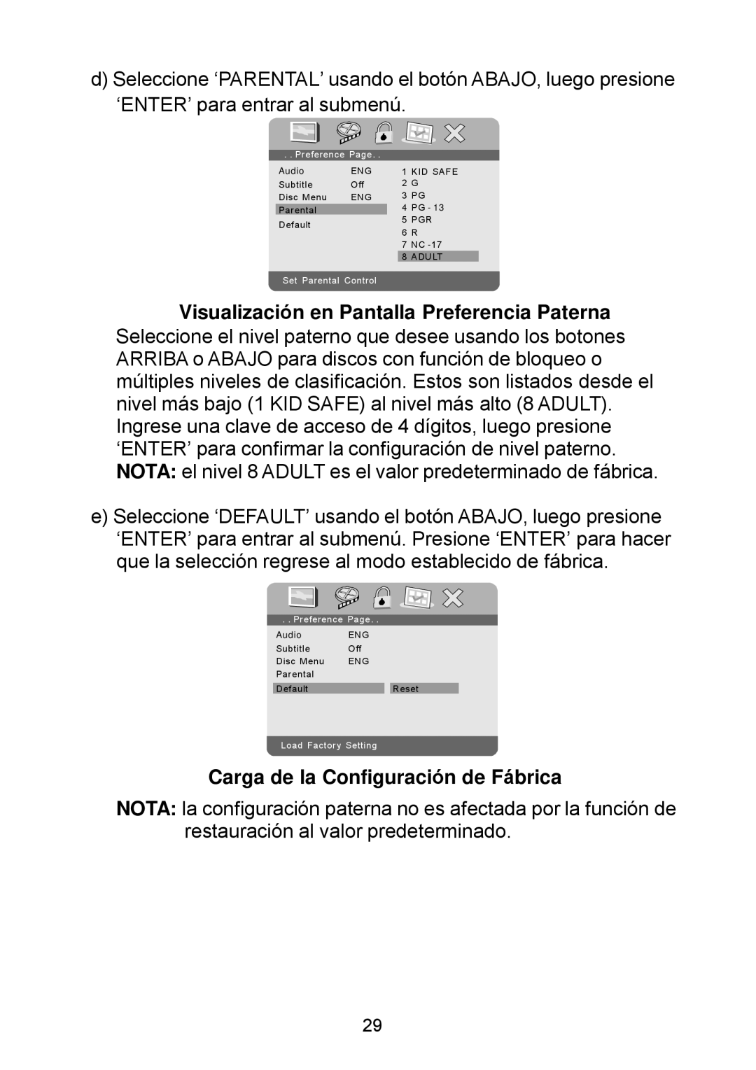 Audiovox D1929B manual Visualización en Pantalla Preferencia Paterna, Carga de la Configuración de Fábrica 