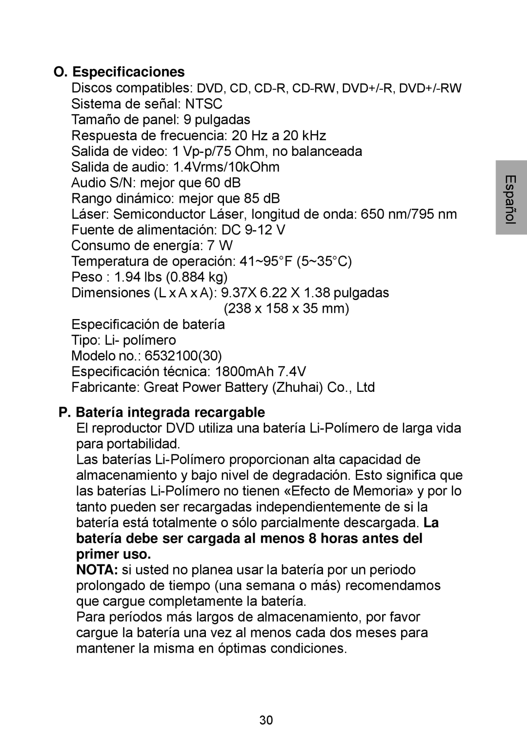 Audiovox D1929B manual Especificaciones, Batería integrada recargable 