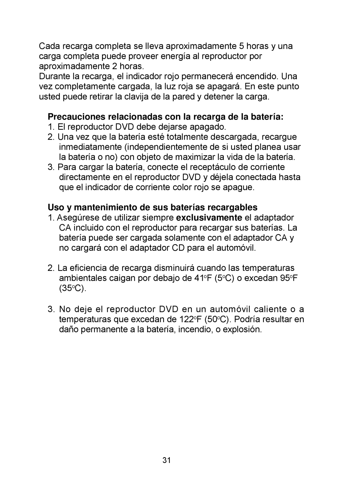 Audiovox D1929B Precauciones relacionadas con la recarga de la batería, Uso y mantenimiento de sus baterías recargables 