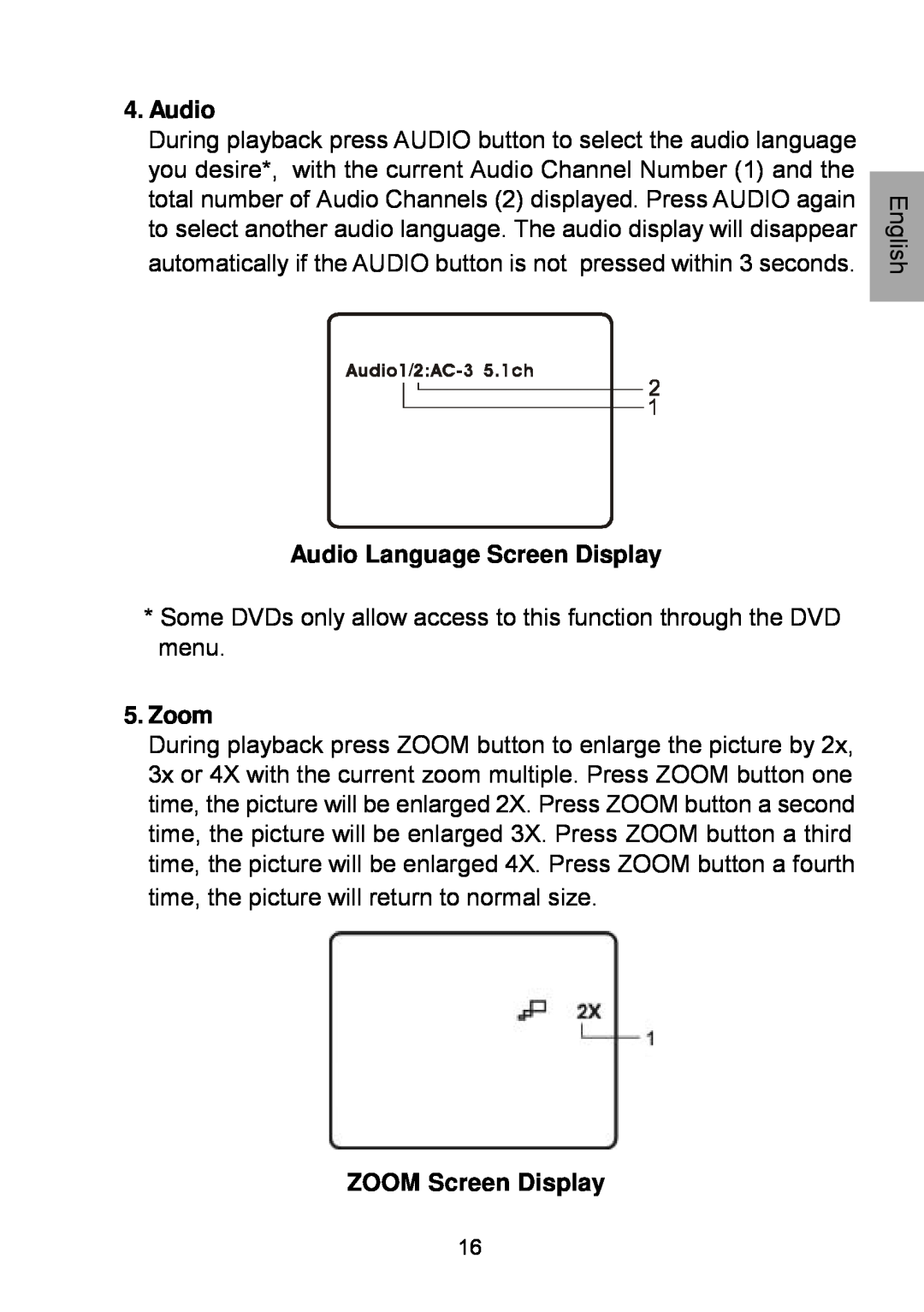 Audiovox D1929B manual Audio Language Screen Display, Zoom, ZOOM Screen Display 