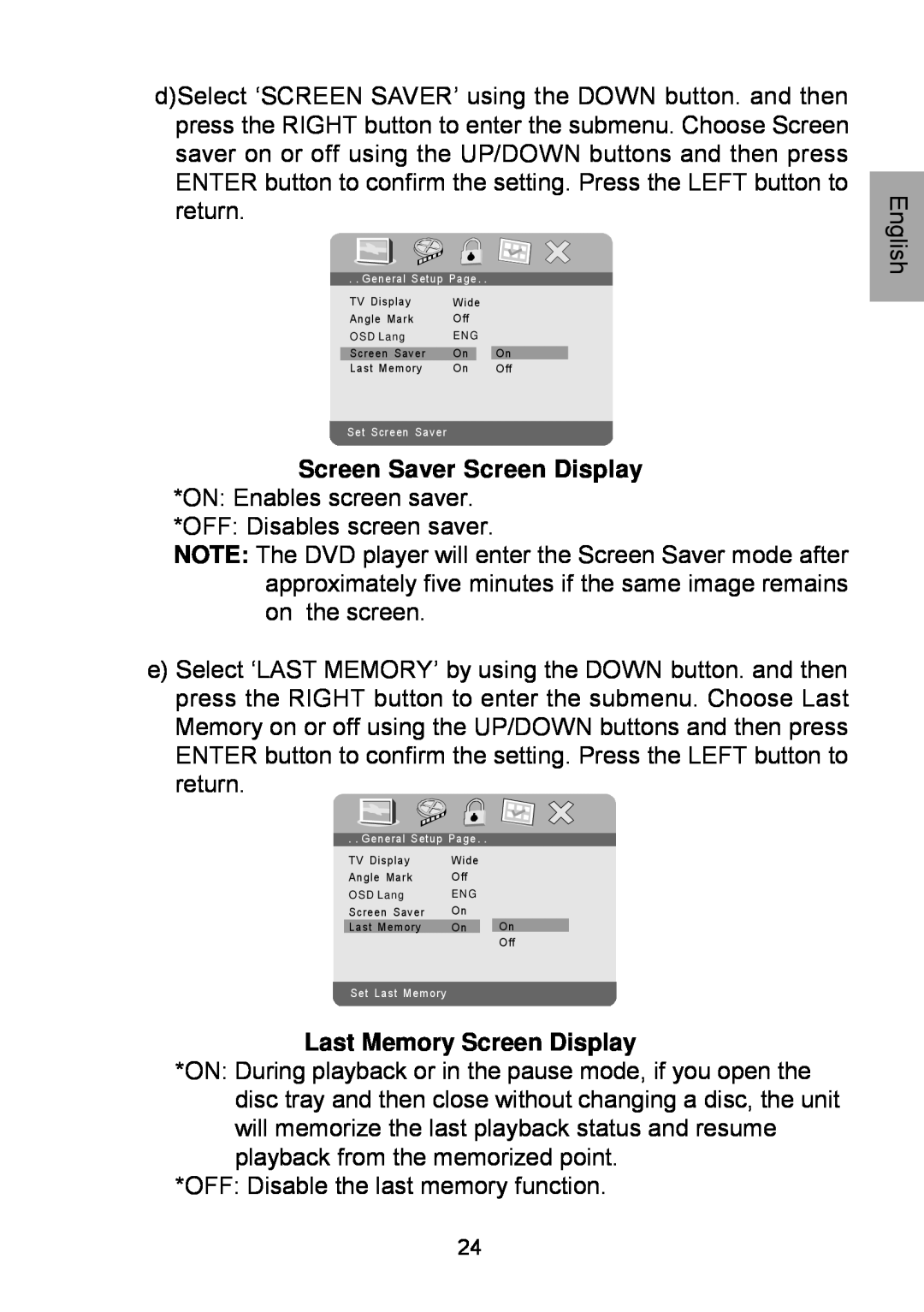 Audiovox D1929B manual Last Memory Screen Display 