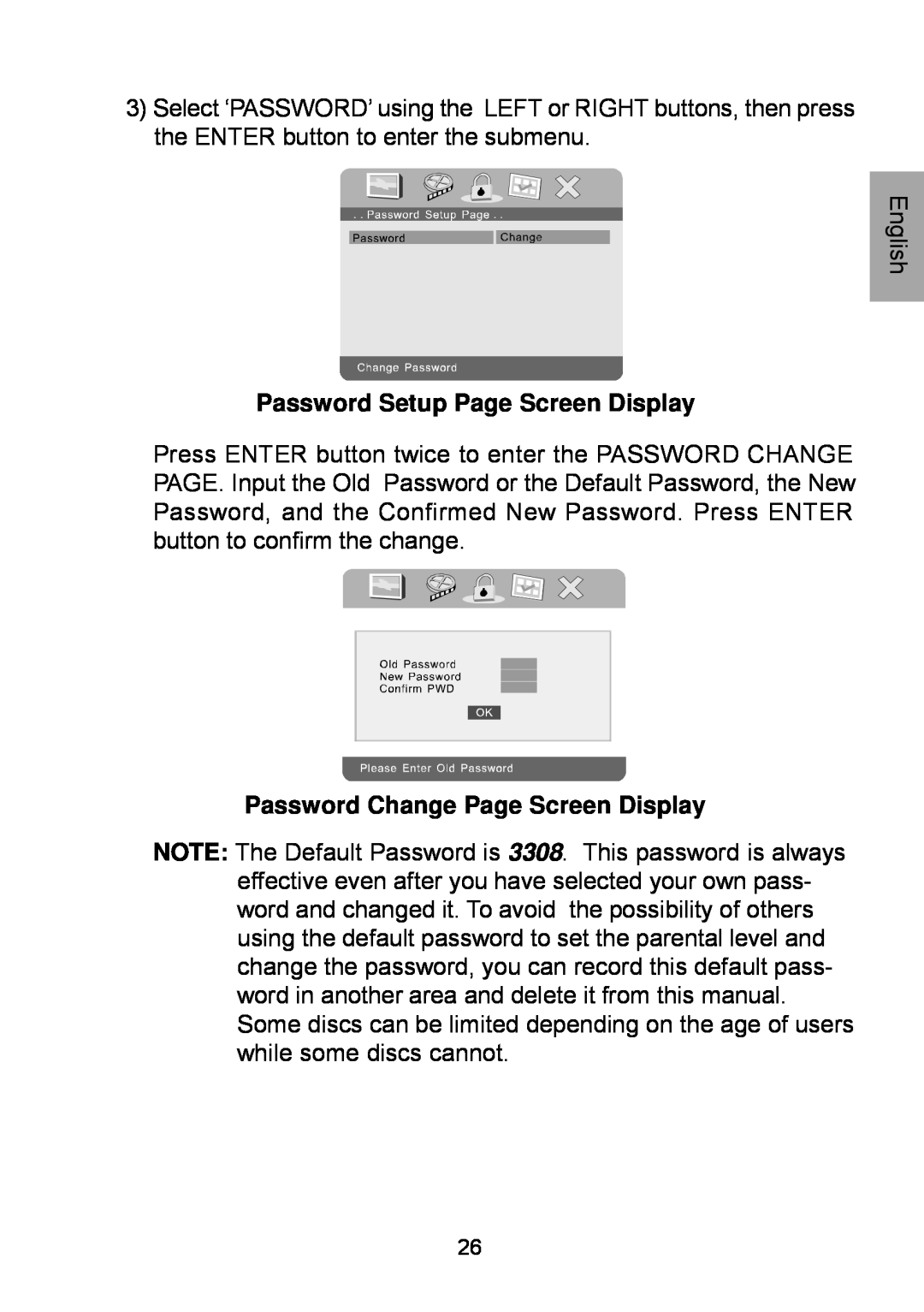 Audiovox D1929B manual Password Setup Page Screen Display, Password Change Page Screen Display 