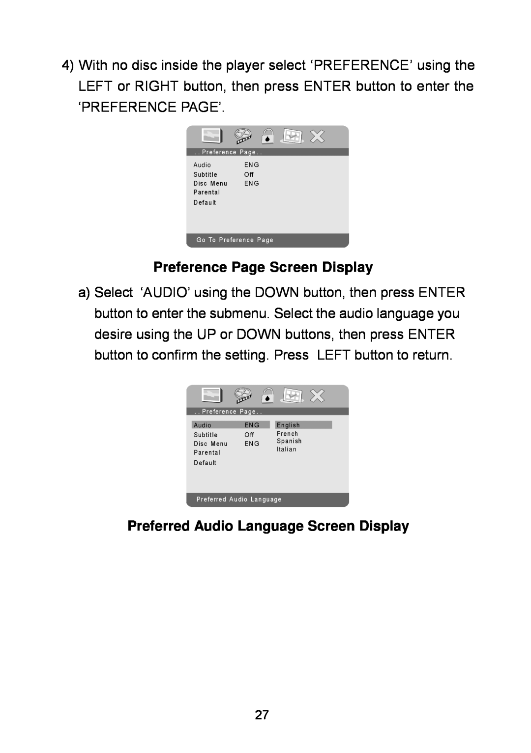 Audiovox D1929B manual Preference Page Screen Display, Preferred Audio Language Screen Display 