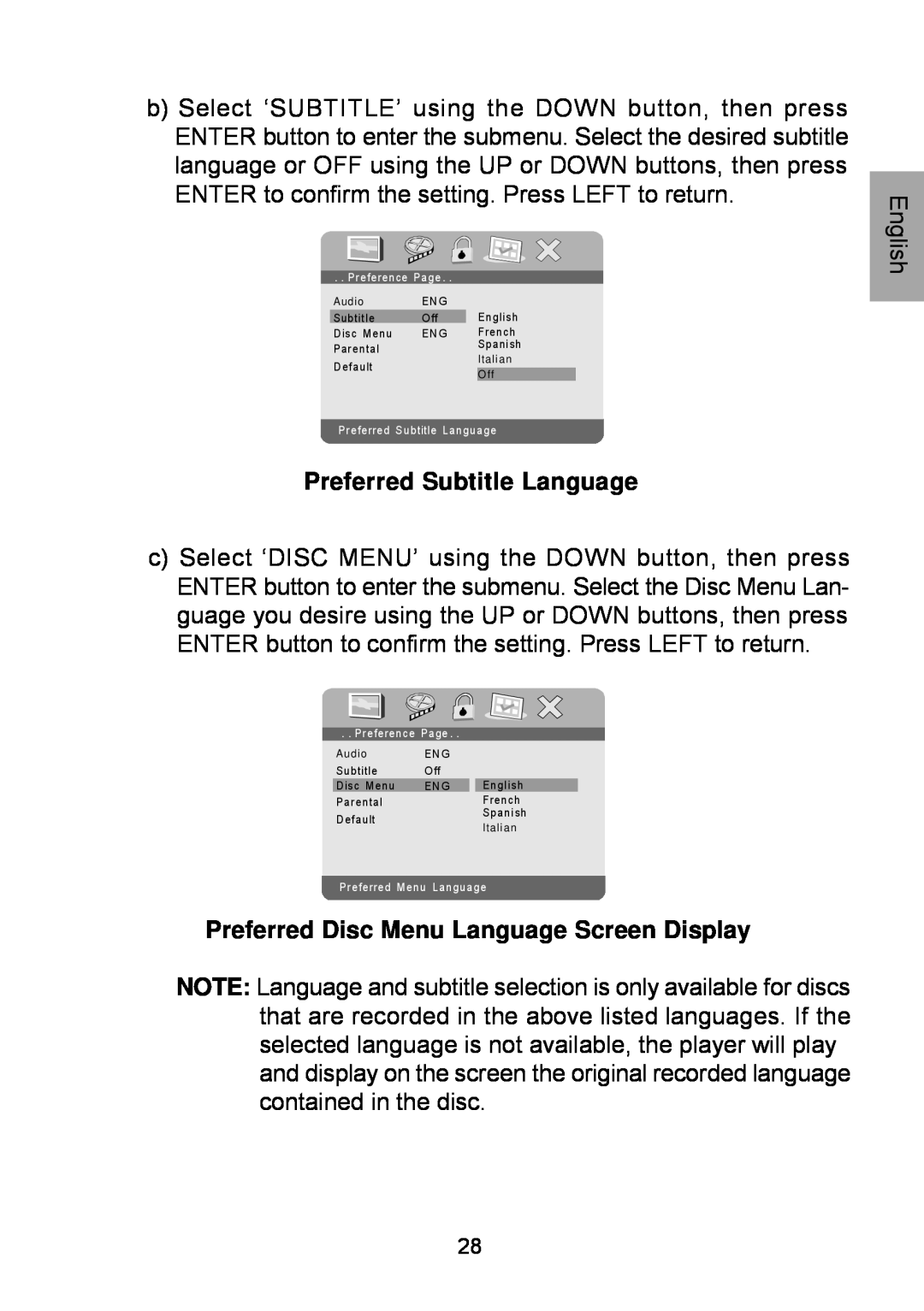 Audiovox D1929B manual Preferred Subtitle Language, Preferred Disc Menu Language Screen Display 