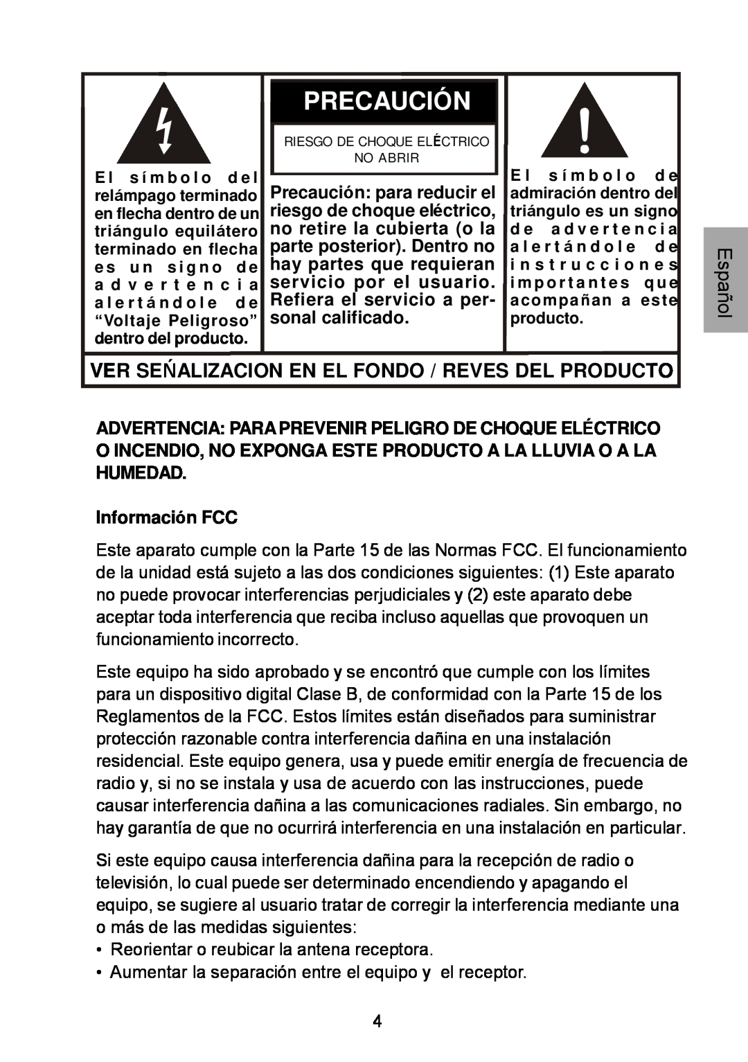 Audiovox D1929B manual Ver Seńalizacion Enel Fondo /Reves Del Producto, Precaución, Información FCC 