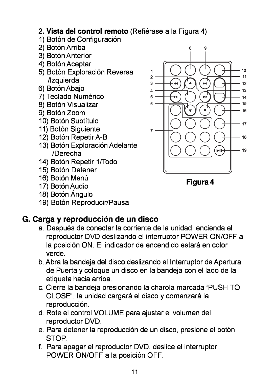 Audiovox D1929B manual G. Carga y reproducción de un disco, Vista del control remoto Refiérase a la Figura 