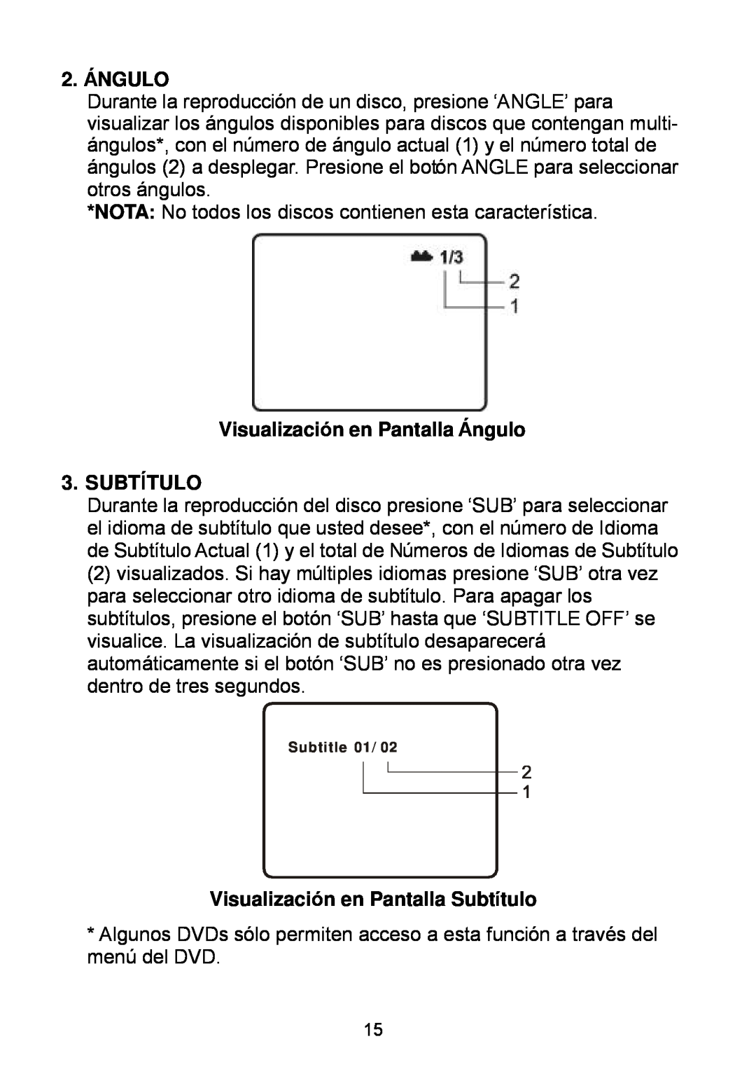 Audiovox D1929B manual 2. ÁNGULO, Visualización en Pantalla Ángulo 3. SUBTÍTULO, Visualización en Pantalla Subtítulo 