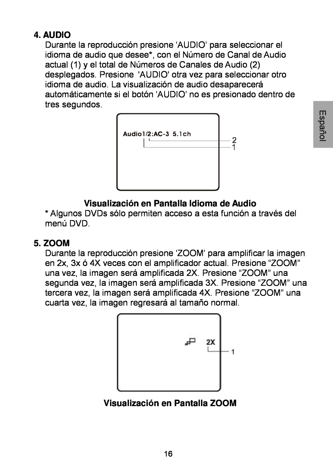 Audiovox D1929B manual Visualización en Pantalla Idioma de Audio, Zoom, Visualización en Pantalla ZOOM 